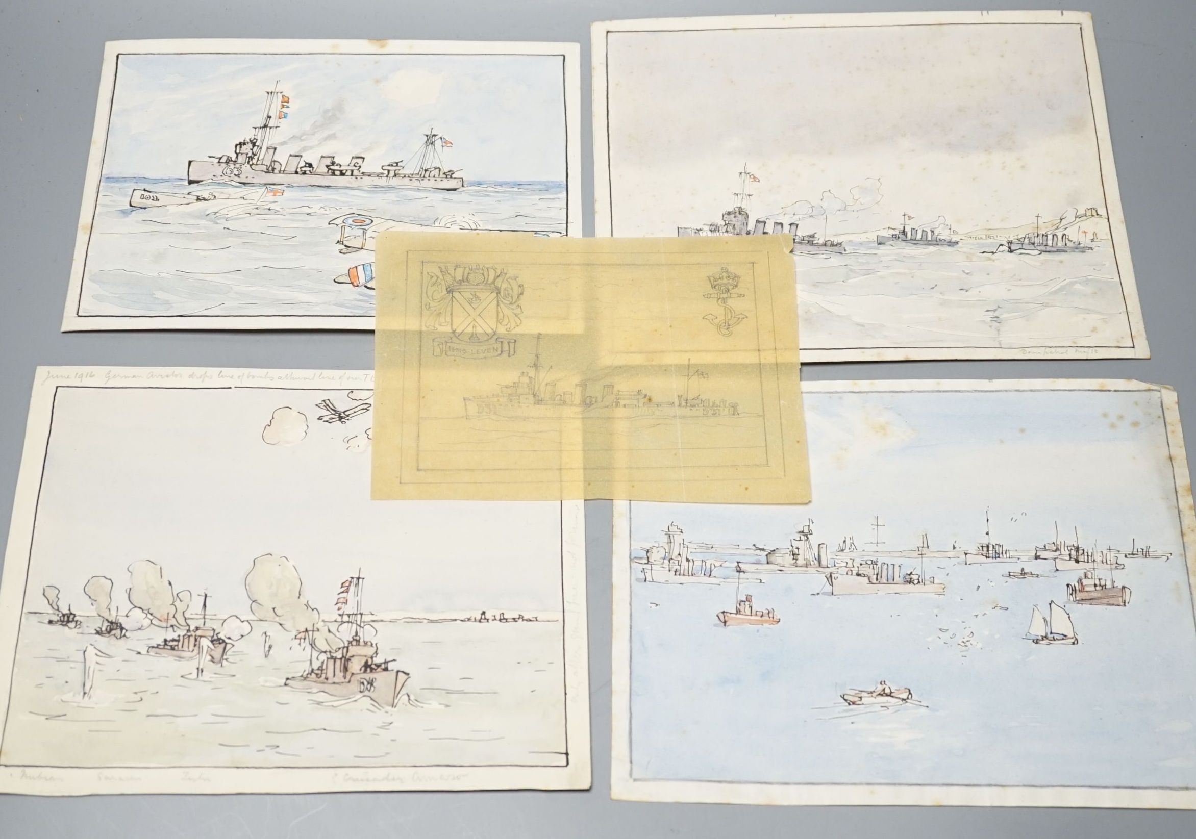 Nelson Dawson (1859-1941), four original watercolours, warships at sea